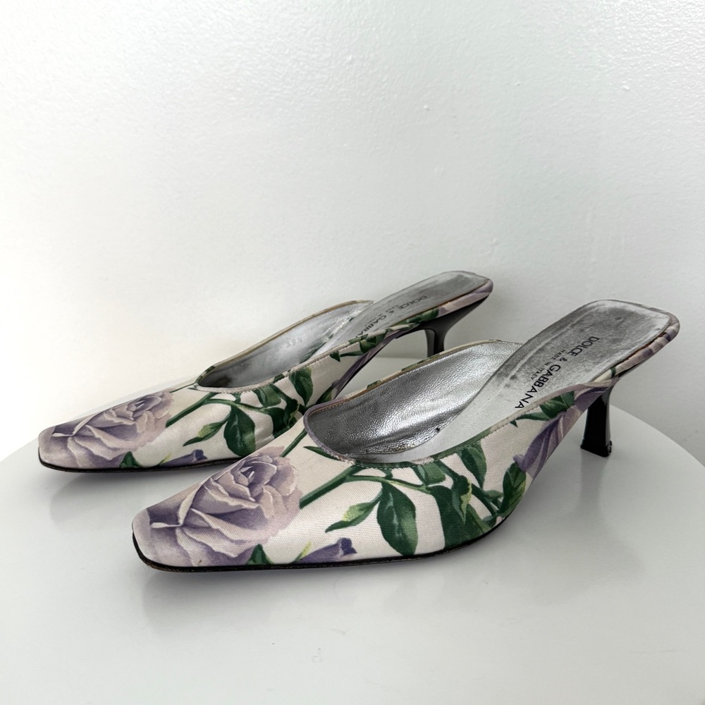 Dolce Gabbana Rose Floral Satin Vintage Kitten Heels Mules Y2k